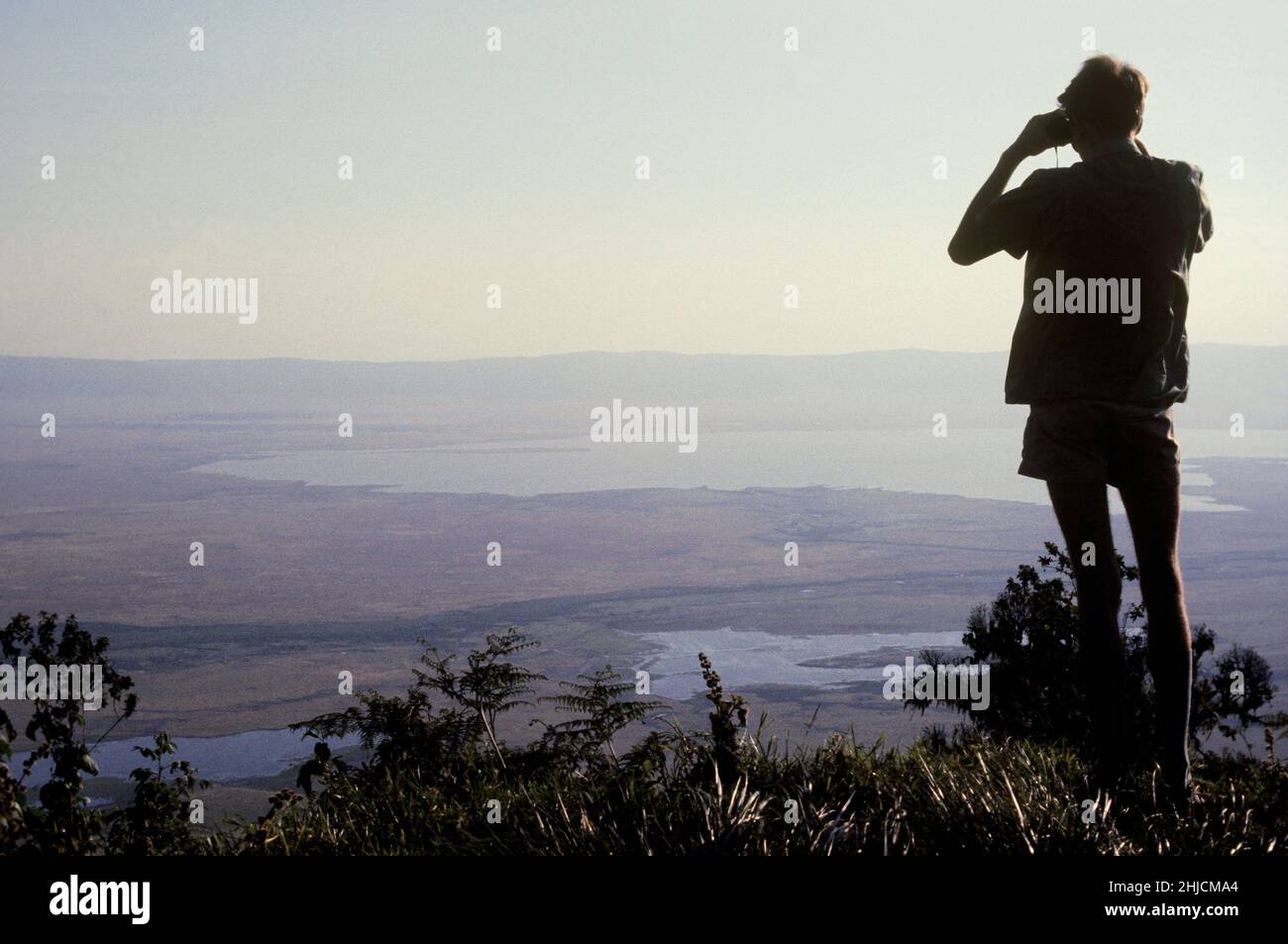 Philip Leakey blickt über das Rift Valley, in der Nähe des Lake Manyara, Tansania. Philip Leakey ist der Sohn von Louis und Mary Leakey, beide berühmte Paläontologen. Von 1979 bis 1992 war er Mitglied des kenianischen Parlaments. Stockfoto