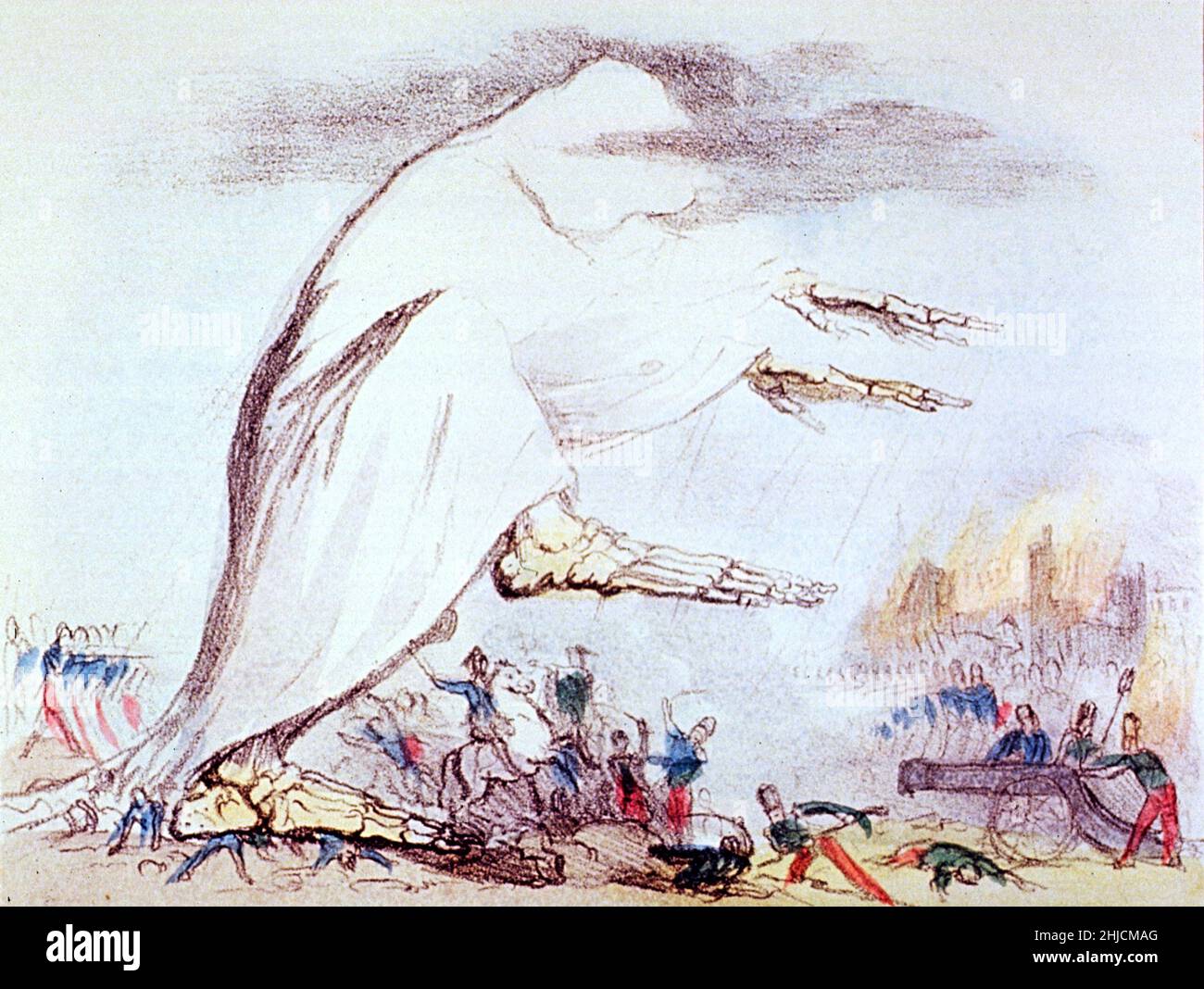 Cholera als Tod, die eine tödliche schwarze Wolke ausstrahlt, die Soldaten auf beiden Seiten des Schlachtfeldes tötet. Aus McLean's Monthly Sheet of Karikatures, 1st. Oktober 1831. Illustration von Robert Seymour (1798-1836). Die Miasma-Theorie stellte fest, dass Krankheiten wie Cholera durch ein Miasma, eine schädliche Form schlechter Luft, verursacht wurden. In Wirklichkeit wurde die Cholera durch den Verzehr von Wasser oder Lebensmitteln verursacht, die das Bakterium Vibrio cholerae enthalten. Stockfoto