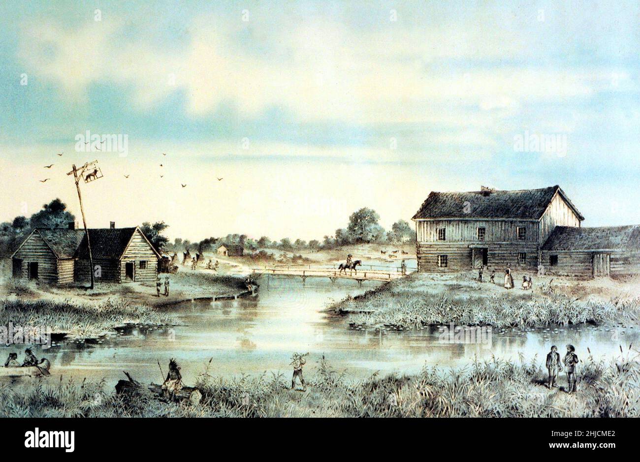 Chicago im Jahr 1832 in einer Illustration von George Davis, die die Kreuzung der beiden Zweige des Chicago River zeigt, die dann Wolf's Point genannt wurde. Das Gebäude auf der linken Seite war eine Taverne, die von Elijah Wentworth geführt wurde; rechts war das Miller House. Zusammen mit Fort Dearborn waren sie die wichtigsten Gebäude in der Siedlung. Darstellung von 1832; veröffentlicht 1893. Stockfoto