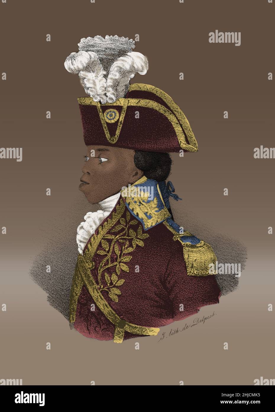 Toussaint L'Ouverture (20. Mai 1743 - 7. April 1803) war ein haitianischer General, der einen Sklavenaufstand in eine Bewegung, die haitianische Revolution, verwandelte. 1800 war Saint-Domingue, die wohlhabendste französische Sklavenkolonie der Zeit, die erste freie Kolonialgesellschaft geworden, die Rasse als Grundlage der sozialen Rangordnung abgelehnt hatte. L'Ouverture schuf eine de facto autonome Kolonie und die Verfassung proklamierte ihn zum Gouverneur für das Leben. Im Jahr 1802 war er gezwungen, von Kräften von Napoleon zur Wiederherstellung der französischen Autorität in der ehemaligen Kolonie. Er wurde nach Frankreich deportiert, wo er 1803 starb. Kein Künstler cr Stockfoto
