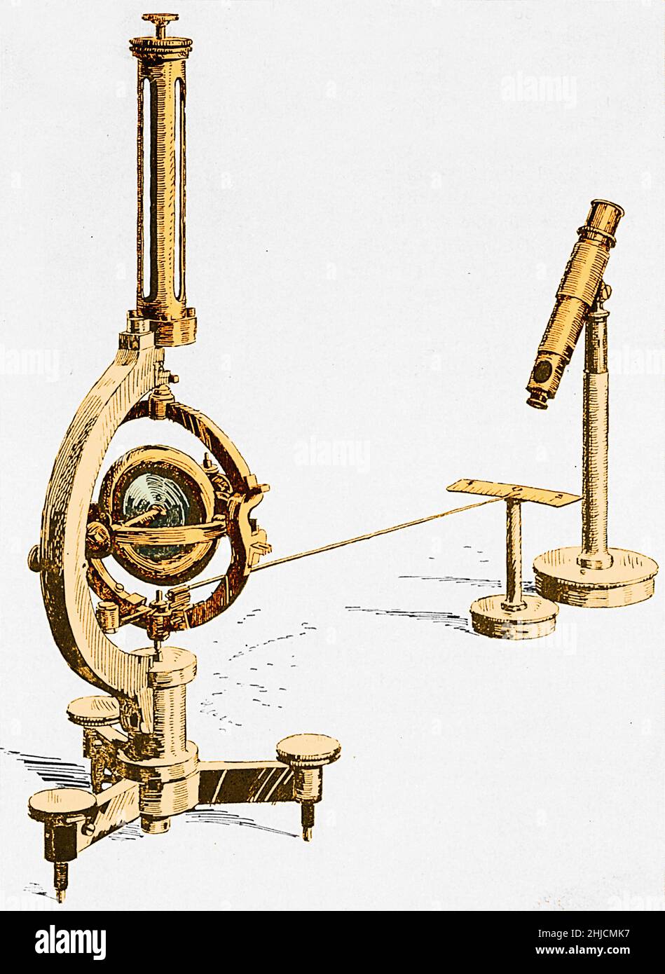 Illustration eines sich drehenden Gyroskops. Ein Gyroskop hat eine schwer drehende Scheibe, bekannt als Schwungrad, die auf einer Achse montiert ist. Gyroskope werden in Stabilisatoren und in Kompassen in Booten und Flugzeugen eingesetzt. In dieser Abbildung konnten Positionsänderungen durch direkte Untersuchung des vertikalen Kreiselrings durch das Mikroskop beobachtet werden, aber die Verwendung von Zeiger und Skala erleichtert die Erkennung von Bewegungen. Farbverstärkter. Stockfoto