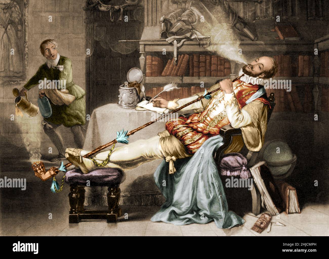 Angeblich wurde Raleigh, während er eine Pfeife des ersten aus Amerika mitgebrachten Tabaks rauchte, von einem entsetzten Diener gelöscht, der ihn mit einem Krug Bier übergossen hatte. Walter Raleigh (1554 - 29. Oktober 1618) war ein englischer Aristokrat, Dichter, Soldat, Höfling, Spion, Und Explorer. Er wird am meisten für die Popularisierung von Tabak in England erinnert. Kolorierung von „Raleigh's First Pipe in England“, eine Illustration, die in Frederick William Fairholts „Tobacco, ITS History and Associations“, 1859, enthalten ist. Stockfoto