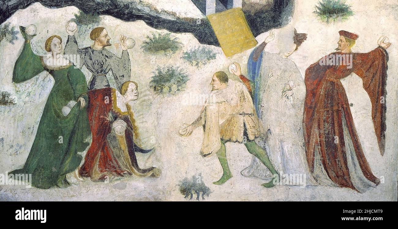 Detail einer Schneeballschlacht in einem mittelalterlichen Fresko (c. 1400) von „Januar“, aus einer Reihe von Fresken, die den Zyklus der Monate im Torre dell'Aquila (Adlenturm) im Schloss Buonconsiglio, Trient, Italien, darstellen. Stockfoto