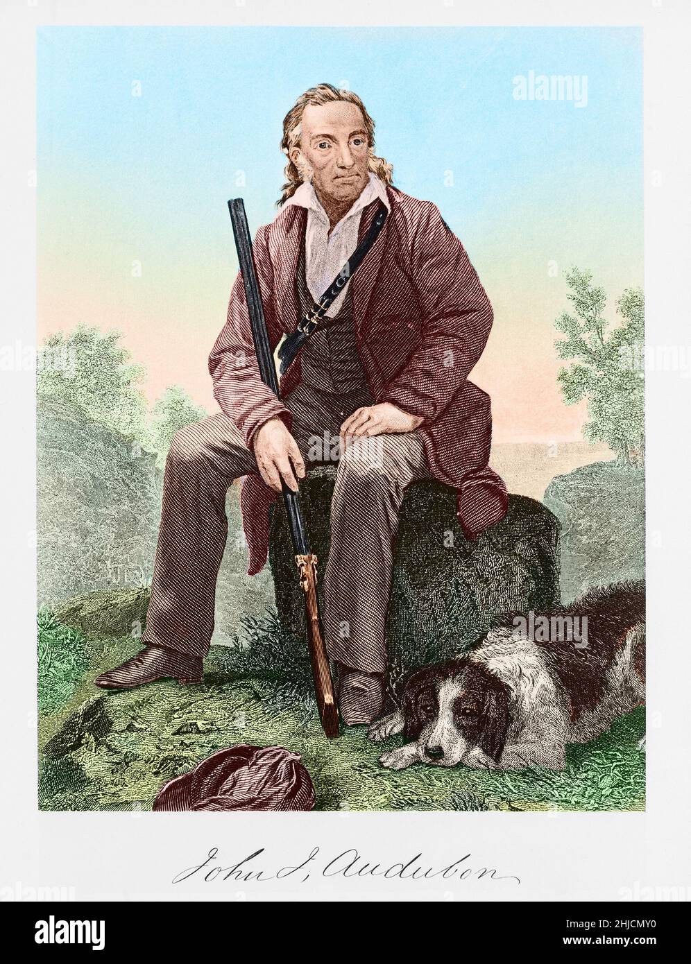 Kolorierte Illustration von John James Audubon (1785-1851) sitzend, posiert mit einem Gewehr und einem Hund zu seinen Füßen. Audubon war ein französisch-amerikanischer Ornithologe, der für seine detaillierten Illustrationen von Vögeln in ihren natürlichen Lebensräumen bekannt war. Seine Methode, Vögel zu zeichnen, bestand darin, sie mit einem feinen Schuss zu töten und sie dann mithilfe von Drähten in eine natürliche Position zu bringen. Stockfoto