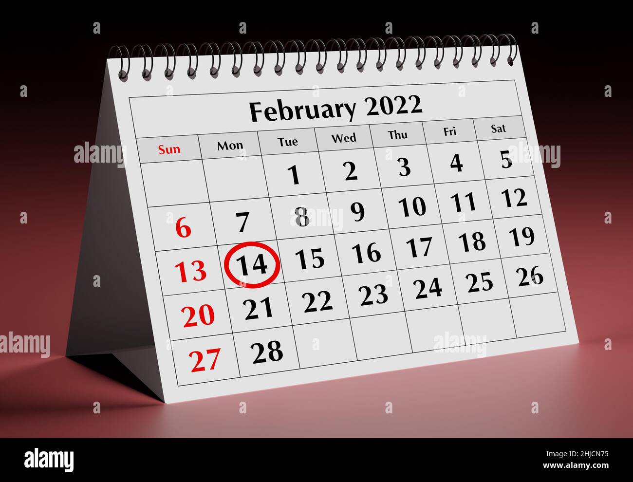 Lockerer Kalender mit dem Monat Februar 2022 und eingekreisten Tag 14 für Valentinstag. 3D Rendern Stockfoto