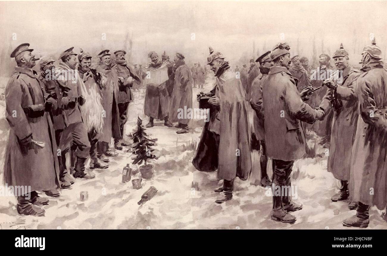 Der Weihnachtsfrieden war eine Reihe weit verbreiteter inoffizieller Waffenstillstände entlang der Westfront des Ersten Weltkriegs um Weihnachten 1914. Hier unterhalten sich britische und deutsche Soldaten fröhlich und tauschen Kopfbedeckungen aus, in einem Bild aus den Illustrated London News, 9. Januar 1915. Stockfoto Der Weihnachtsfrieden war eine Reihe weit verbreiteter inoffizieller Waffenstillstände entlang der Westfront des Ersten Weltkriegs um Weihnachten 1914. Hier unterhalten sich britische und deutsche Soldaten fröhlich und tauschen Kopfbedeckungen aus, in einem Bild aus den Illustrated London News, 9. Januar 1915. Stockfoto
