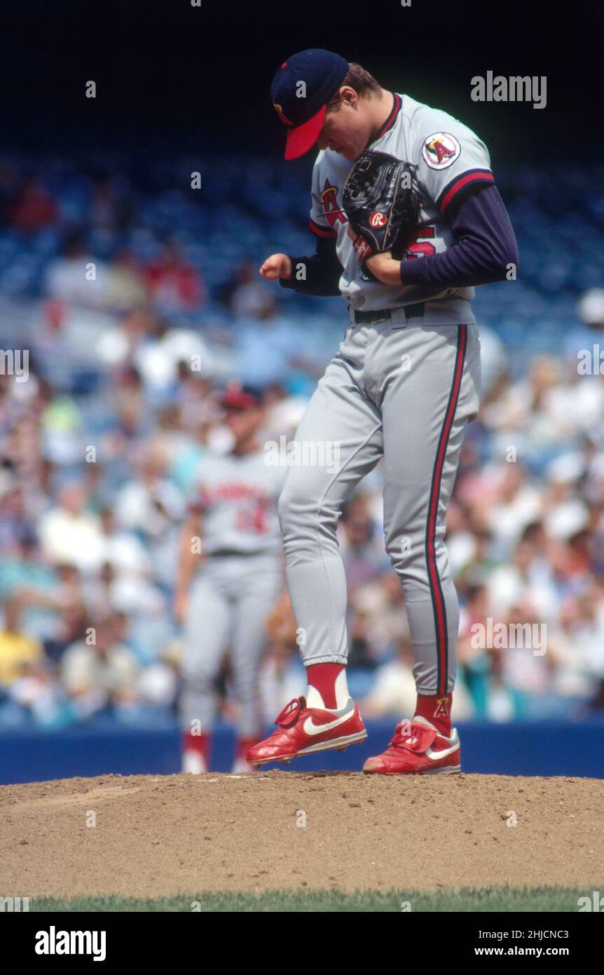 Jim Abbott, Einhand-Pitcher der California Angels, im Shea Stadium, NY, 1989. Stockfoto