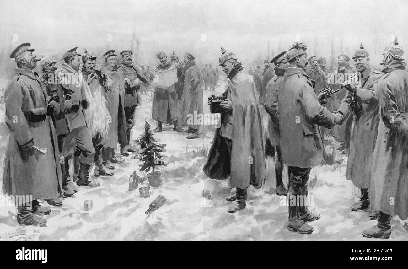 Der Weihnachtsfrieden war eine Reihe weit verbreiteter inoffizieller Waffenstillstände entlang der Westfront des Ersten Weltkriegs um Weihnachten 1914. Hier unterhalten sich britische und deutsche Soldaten fröhlich und tauschen Kopfbedeckungen aus, in einem Bild aus den Illustrated London News, 9. Januar 1915. Stockfoto Der Weihnachtsfrieden war eine Reihe weit verbreiteter inoffizieller Waffenstillstände entlang der Westfront des Ersten Weltkriegs um Weihnachten 1914. Hier unterhalten sich britische und deutsche Soldaten fröhlich und tauschen Kopfbedeckungen aus, in einem Bild aus den Illustrated London News, 9. Januar 1915. Stockfoto