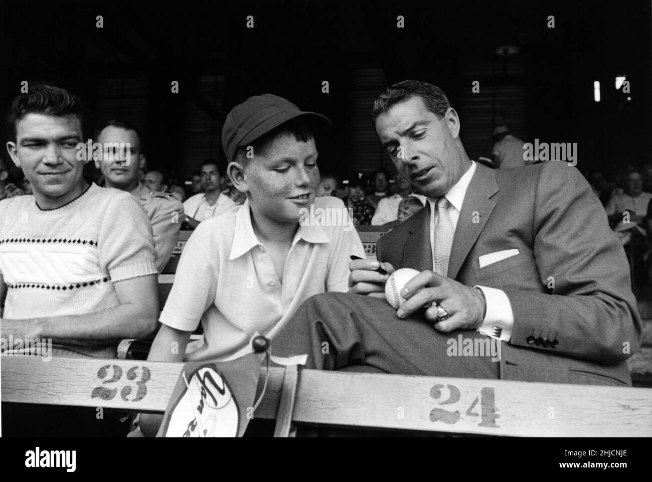 Joe DiMaggio unterschreibt einen Baseballschläger auf den Tribünen. Stockfoto