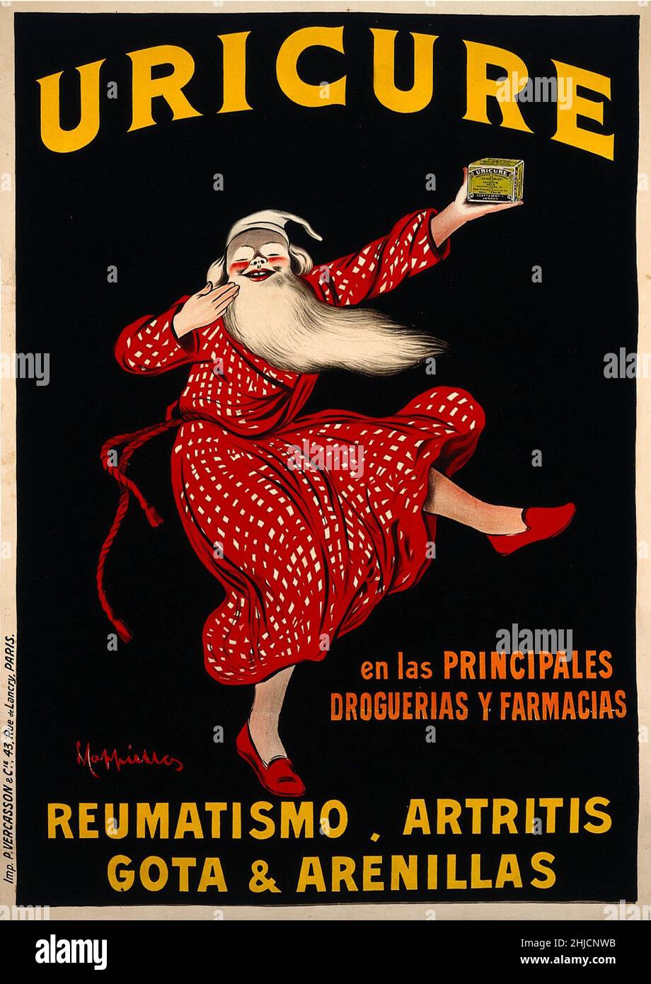 Ein alter Mann in Nachtkleidung hält eine Schachtel mit Uricure-Pillen als Werbung für ihre Wirksamkeit gegen rheumatische Erkrankungen in der Hand. Kolorierte Lithographie von Leonetto Cappiello, c. 1910. Stockfoto