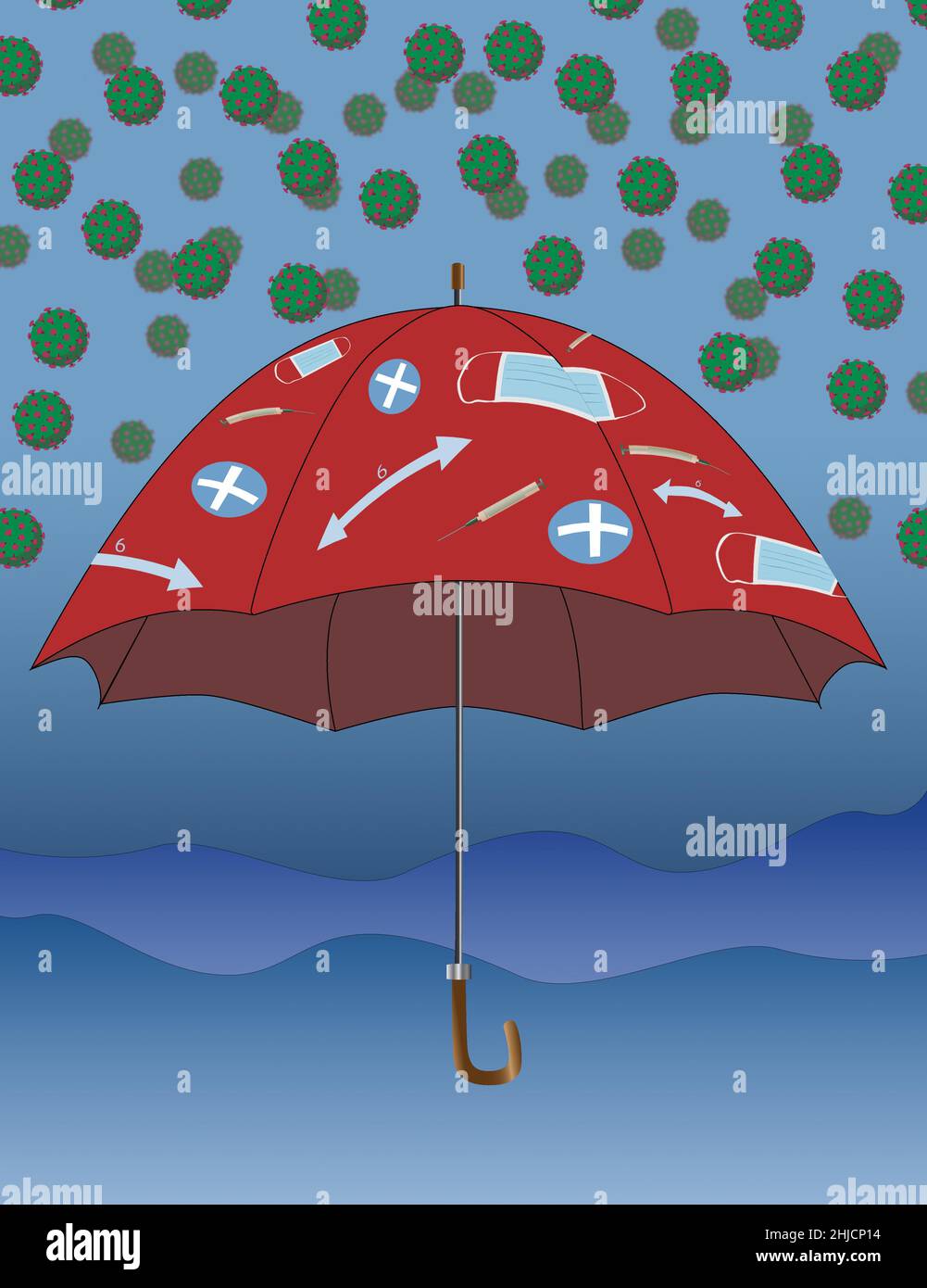 Ein Regenschirm mit Symbolen zum Schutz vor dem Coronavirus oder COVID-19. Symbole sind eine Spritze mit dem Impfstoff, soziale Distanzierung, Gesundheitswesen und Masken. Stockfoto