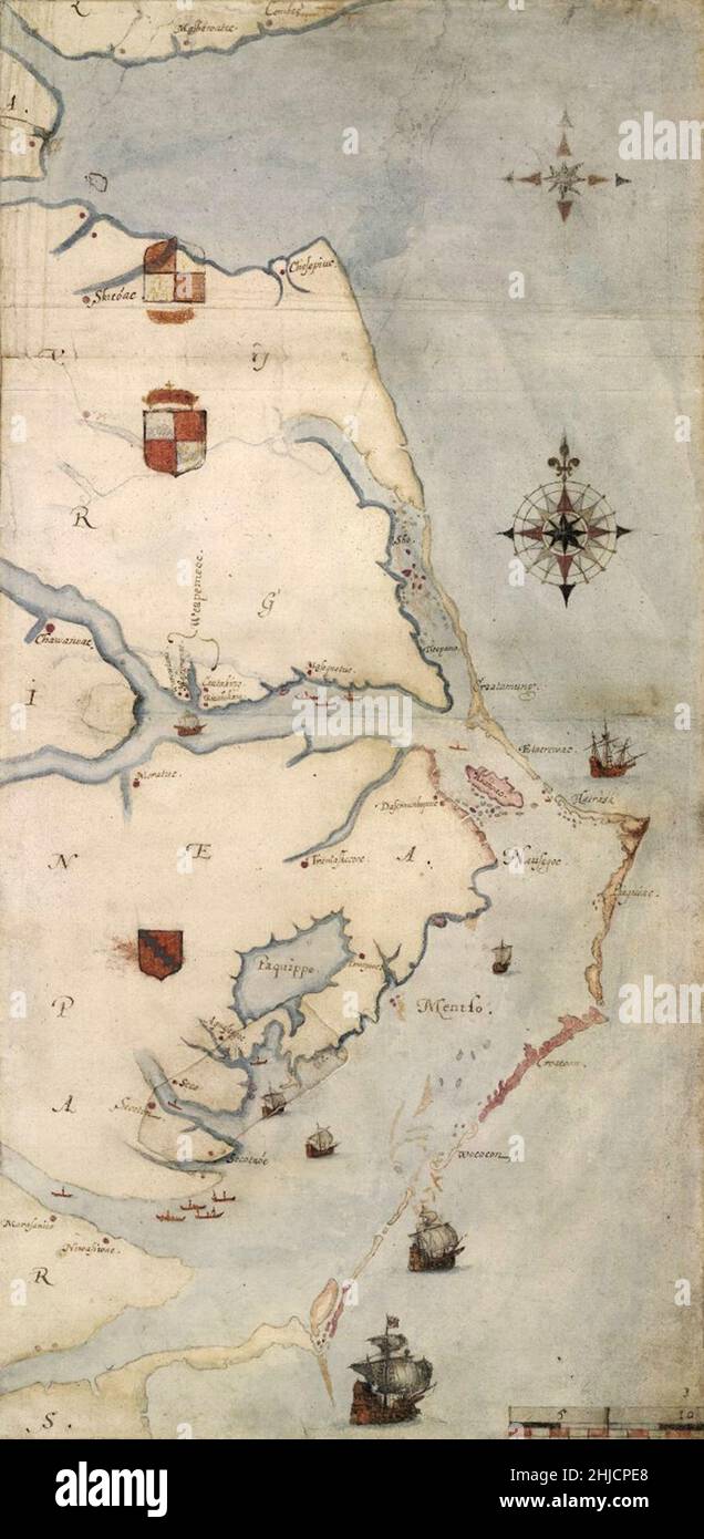 John White's Karte der Roanoke Colony Gegend, c. 1585. Die erste Kolonie auf Roanoke Island wurde 1585 von Gouverneur Ralph Lane gegründet. Nach dem Scheitern der Siedlung von 1585 landete 1587 eine zweite Kolonie unter der Leitung von John White auf derselben Insel und wurde aufgrund des ungeklärten Verschwindens der Bevölkerung als die verlorene Kolonie bekannt. Stockfoto