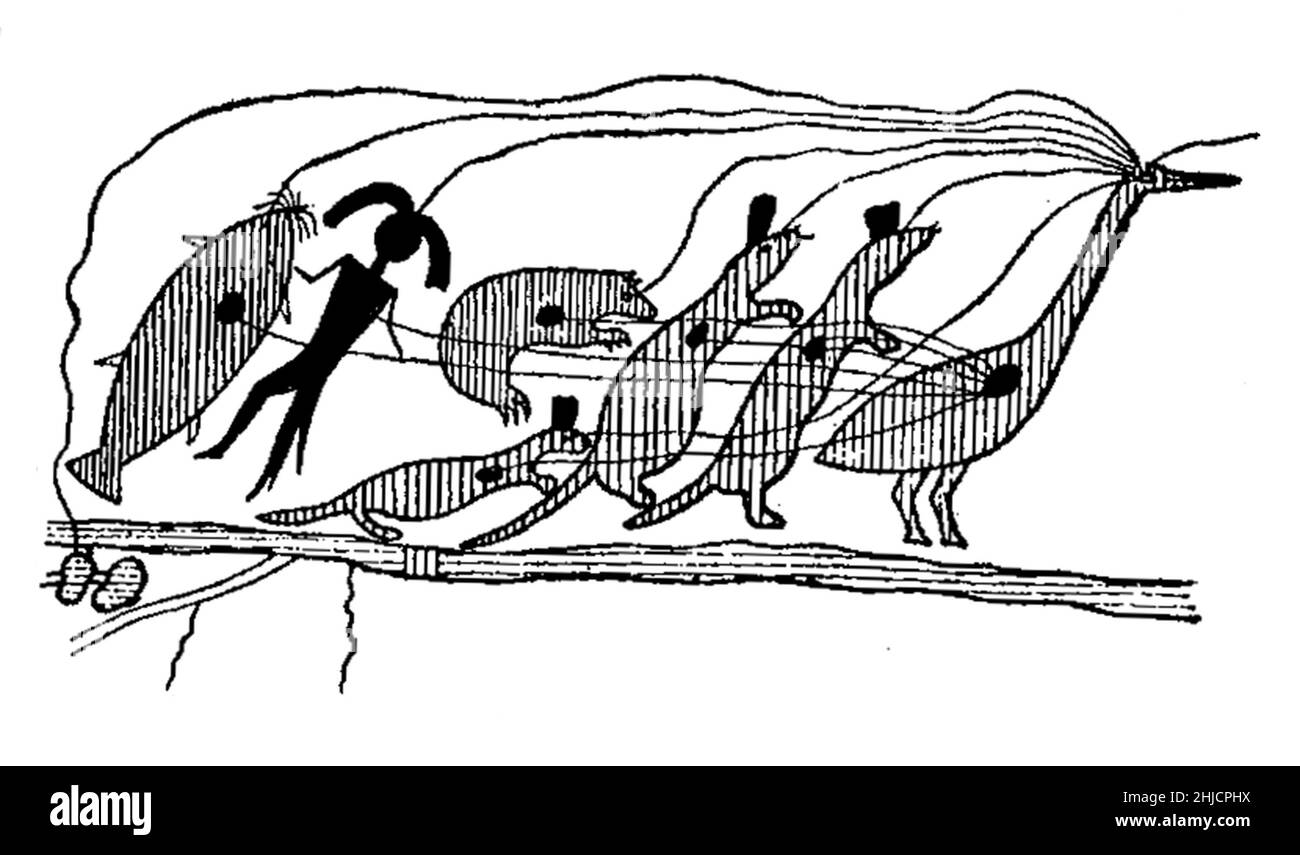 Petition von Ojibwe Native American, 1849. Eine Birchbark-Petition, die von einer Gruppe von Ojibwe-Chefs an den US-Kongress geschickt wurde und um die Garantie für ein dauerhaftes Zuhause in Wisconsin bat. Die Häupter werden durch ihre Totems repräsentiert: martens, Bär, Mensch und Wels, angeführt vom Kran. Linien, die vom Herzen und Auge jedes Tieres bis zum Herz und Auge des Kranichs verlaufen, zeigen an, dass sie alle aus einem Geist bestehen. Eine Linie verläuft vom Auge des Krans zu den Seen, die in der kleinen Karte (Kreise) in der linken unteren Ecke dargestellt ist. Kopie aus der Gliederung der Geschichte, von H. G. Wells( 1920). Stockfoto