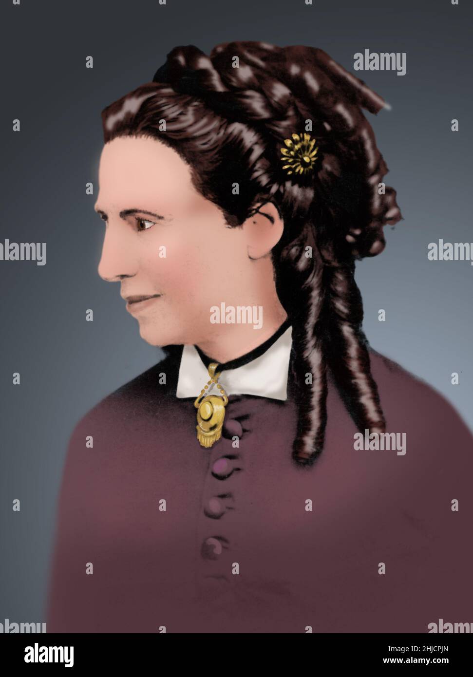 Clarissa Clara Harlowe Barton (25. Dezember 1821 - 12. April 1912) war eine Autodidaktin, die das amerikanische Rote Kreuz gründete. Während des amerikanischen Bürgerkrieges half sie sowohl den Soldaten der Union als auch den konföderierten Soldaten. Barton war eine frühe Frauenrechtlerin, Aktivistin für Bürgerrechte und wird verehrt für humanitäre Arbeit zu einer Zeit, als relativ wenige Frauen außerhalb des Hauses arbeiteten. Kein Fotograf gutgeschrieben, 1870er. Eingefärbt. Stockfoto