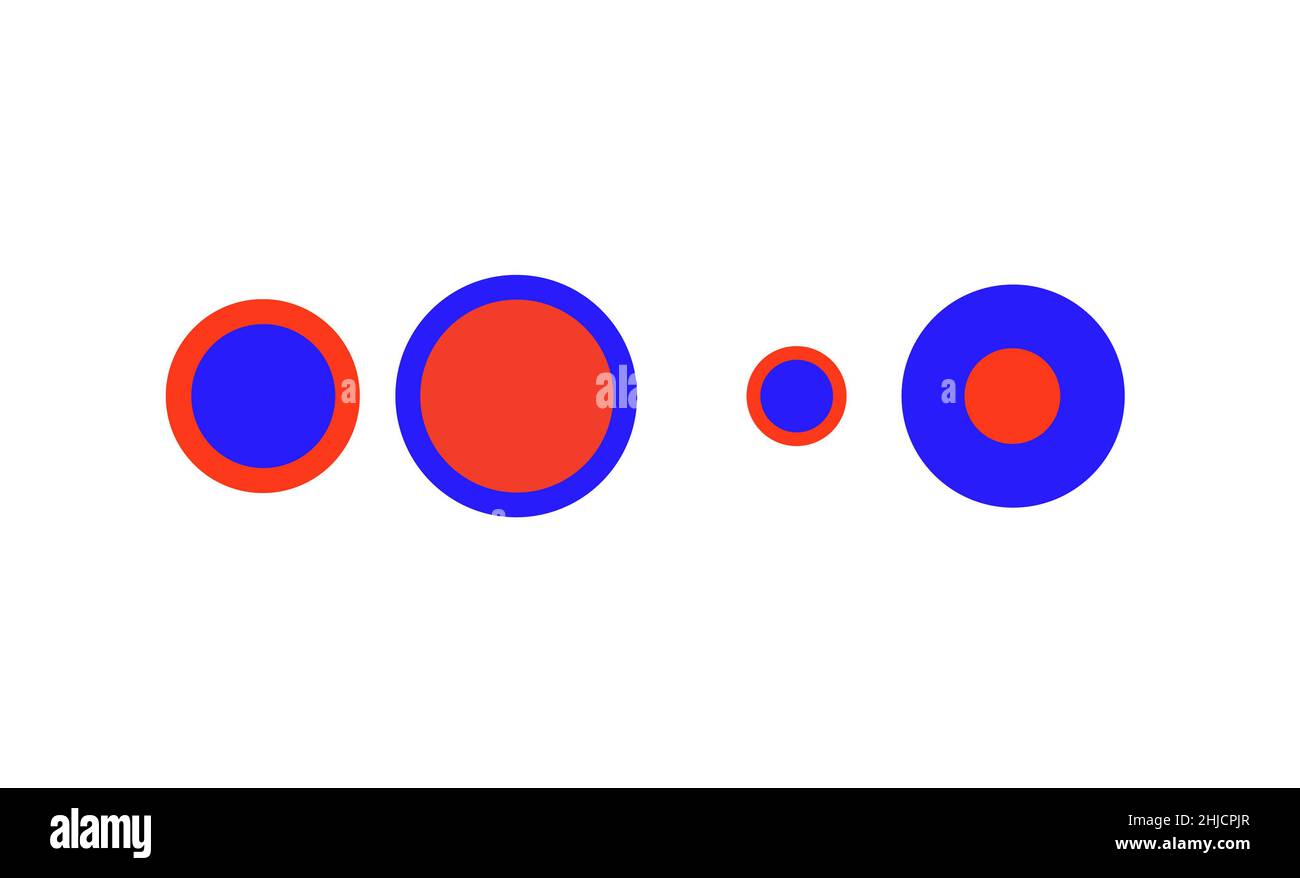Obwohl die beiden roten Kreise auf der linken Seite unterschiedlich groß erscheinen, haben sie den gleichen Durchmesser, und die beiden roten Kreise auf der rechten Seite haben ebenfalls die gleiche Größe. Diese Illusion wurde vom belgischen Philosophen Franz Joseph Delboeuf geschaffen - die Delboeuf Illusion. Das Gehirn reduziert den wahrgenommenen Abstand zwischen benachbarten Objekten und verursacht so diese Diskrepanz. Dieser Effekt wird als Assimilation bezeichnet. Stockfoto