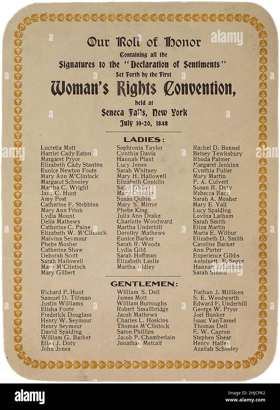 Unterschriftenliste der Stimmungserklärung, die von der ersten Frauenrechtskonvention in den Vereinigten Staaten vom 19. Bis 20. Juli 1848 in Seneca Falls, New York, abgehalten wurde. Karte, die 1908 für eine 50th-jährige Feier ausgestellt wurde. Stockfoto