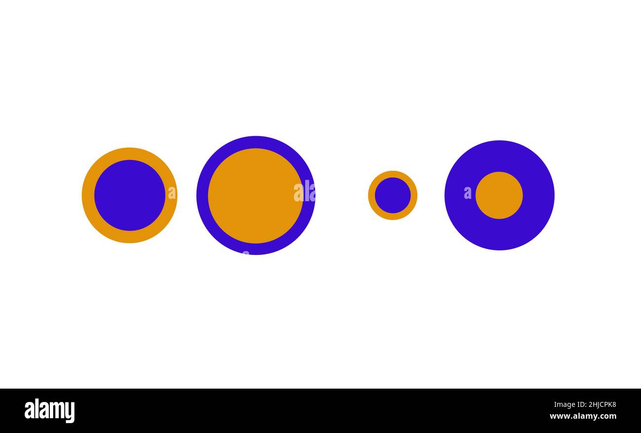 Obwohl die beiden gelben Kreise auf der linken Seite unterschiedlich groß erscheinen, haben sie den gleichen Durchmesser, und die beiden gelben Kreise auf der rechten Seite haben ebenfalls die gleiche Größe. Diese Illusion wurde vom belgischen Philosophen Franz Joseph Delboeuf geschaffen - die Delboeuf Illusion. Das Gehirn reduziert den wahrgenommenen Abstand zwischen benachbarten Objekten und verursacht so diese Diskrepanz. Dieser Effekt wird als Assimilation bezeichnet. Stockfoto