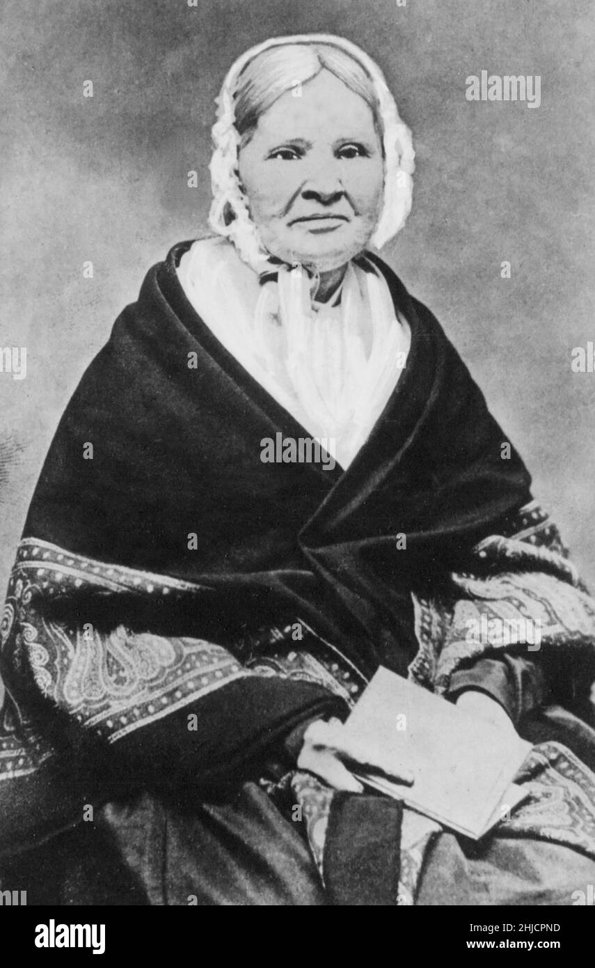 Louise Swain war die erste Frau in den Vereinigten Staaten, die bei einer Parlamentswahl gewählt hat. Sie gab am 6. September 1870 in Laramie, Wyoming, ihre Stimme ab. Wyoming Territory war der erste Ort, der Frauen das Wahlrecht einräumte, in einem 1869 unterzeichneten Gesetzentwurf. Stockfoto