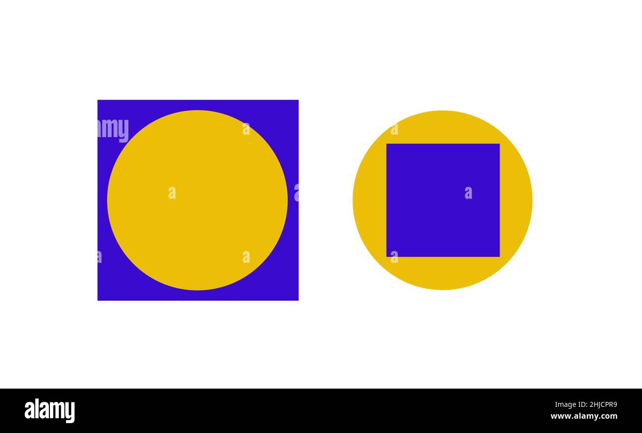 Runde und quadratische optische Täuschung. Beide Kreise haben die gleiche Größe, aber der Kreis im Quadrat erscheint größer. Es ist eine Variante der Delboeuf-Illusion. Das Gehirn wird durch die Nähe zueinander beeinflusst - dies wird Assimilation genannt. Stockfoto