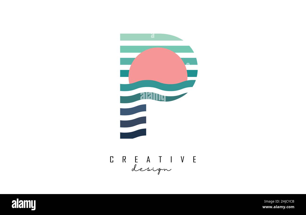 P-Logo mit farbenfrohen Linien und Zickzack-Linien. Vektor-Illustration mit Meer und Sonnenuntergang Farblinien und Halbkreis. Stock Vektor