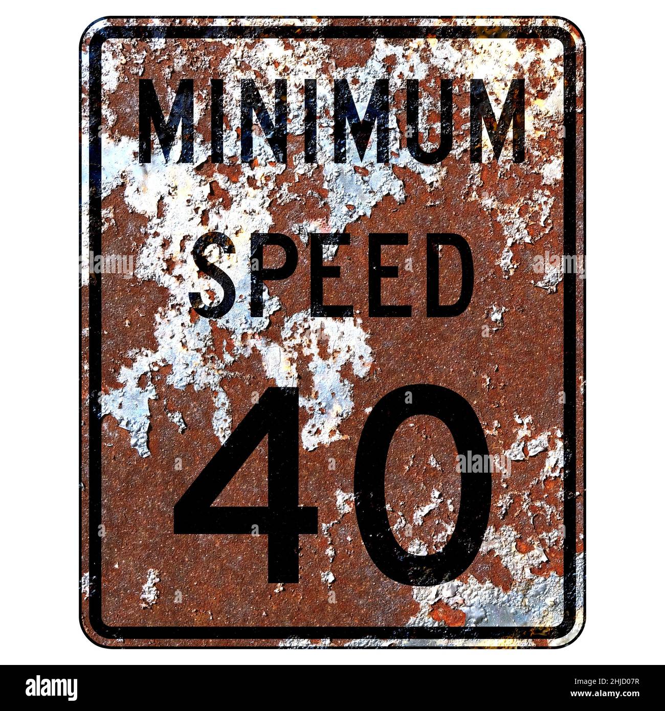 Altes rostiges amerikanisches Straßenschild - Minimales Tempolimit Stockfoto