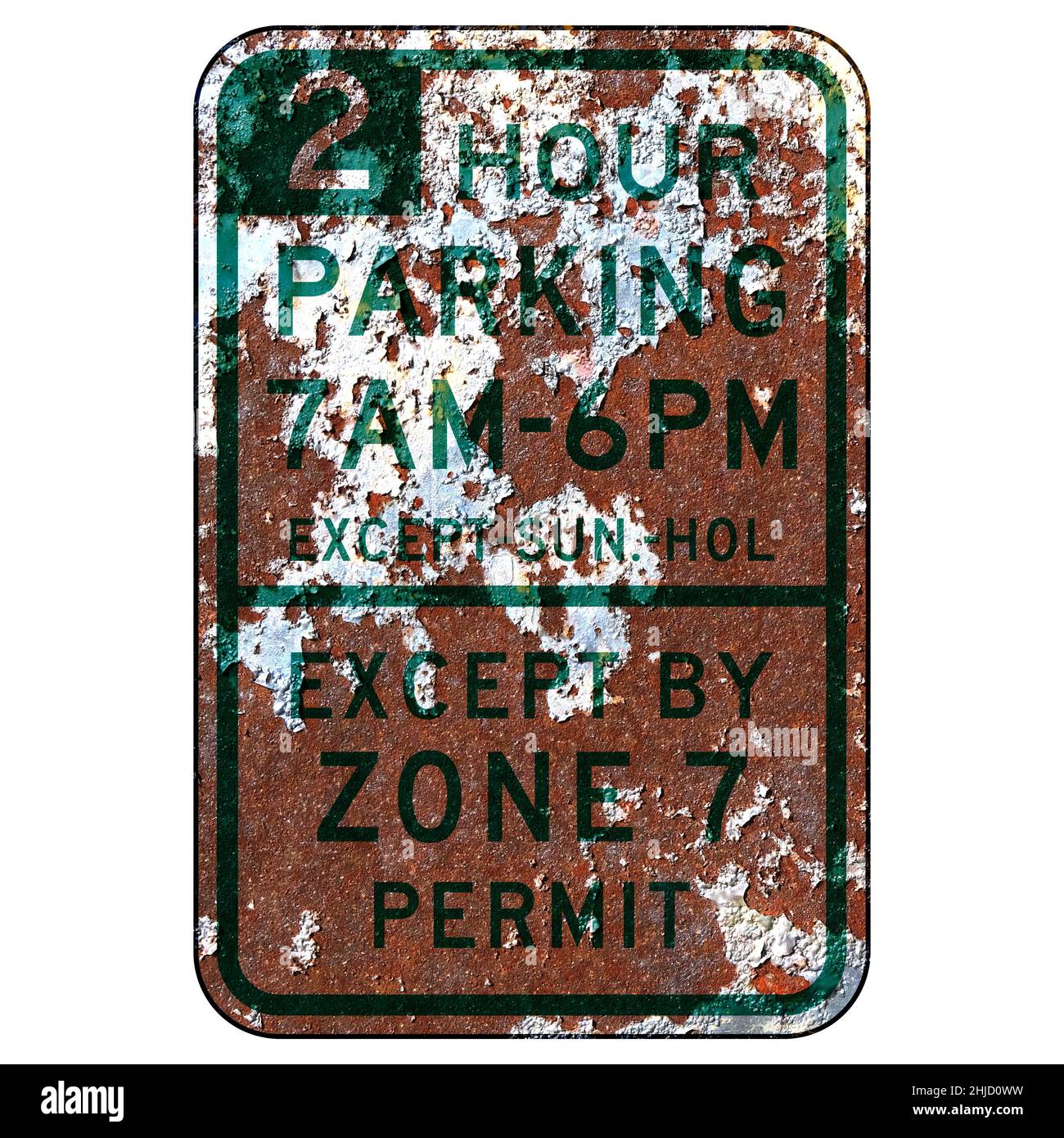 Altes rostiges amerikanisches Straßenschild - Parken mit Zeit- und Genehmigungsbeschränkungen, Seattle Stockfoto