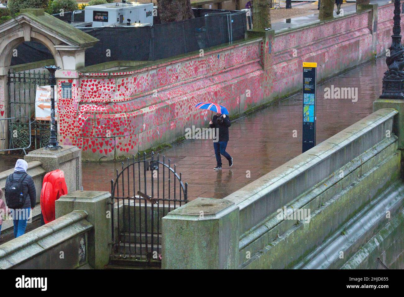 Ein Fußgänger mit einem Schirm der Union führt an der National Covid Memorial Wall im Zentrum von London vorbei an roten Herzen. Stockfoto