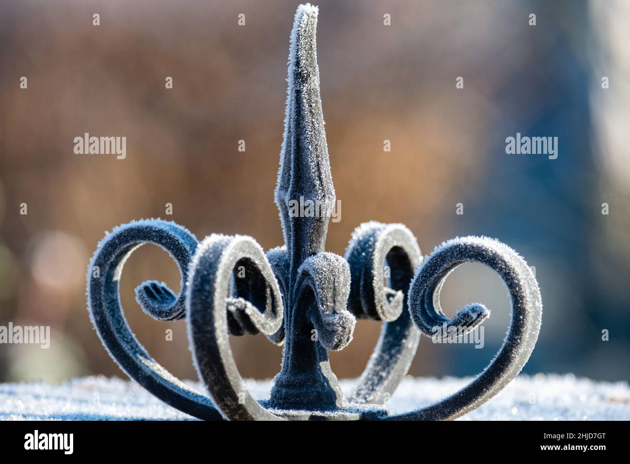 Krone aus geschmiedetem Eisen mit weißem Frost bedeckt Stockfoto