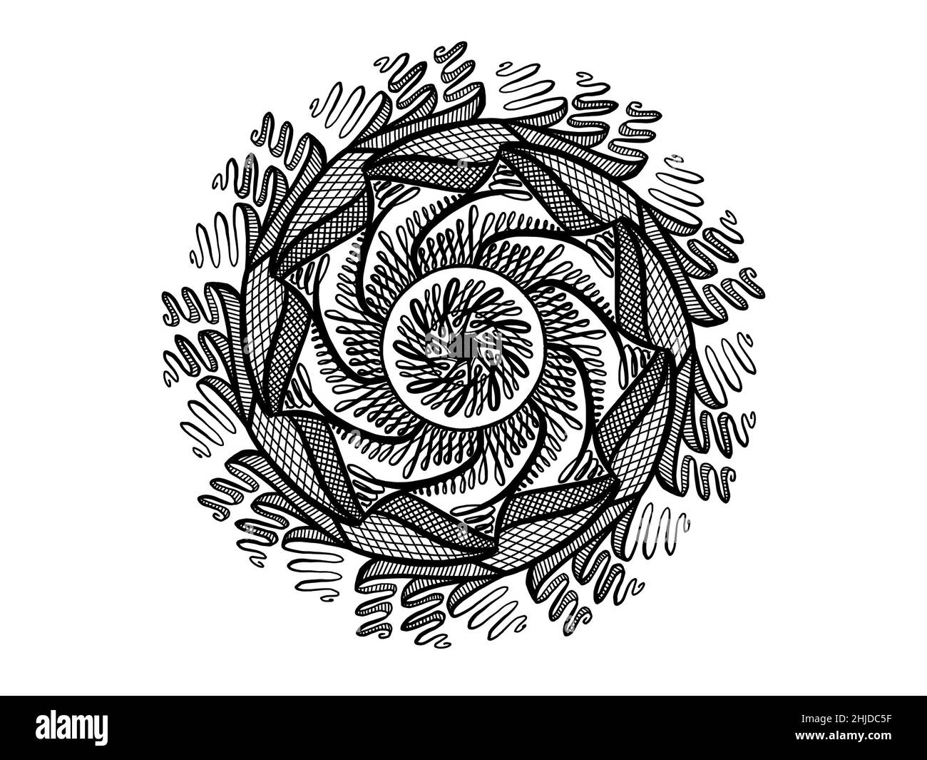 Schwarz-weißes Mandala Ornament von Hand gezeichnet Stockfoto