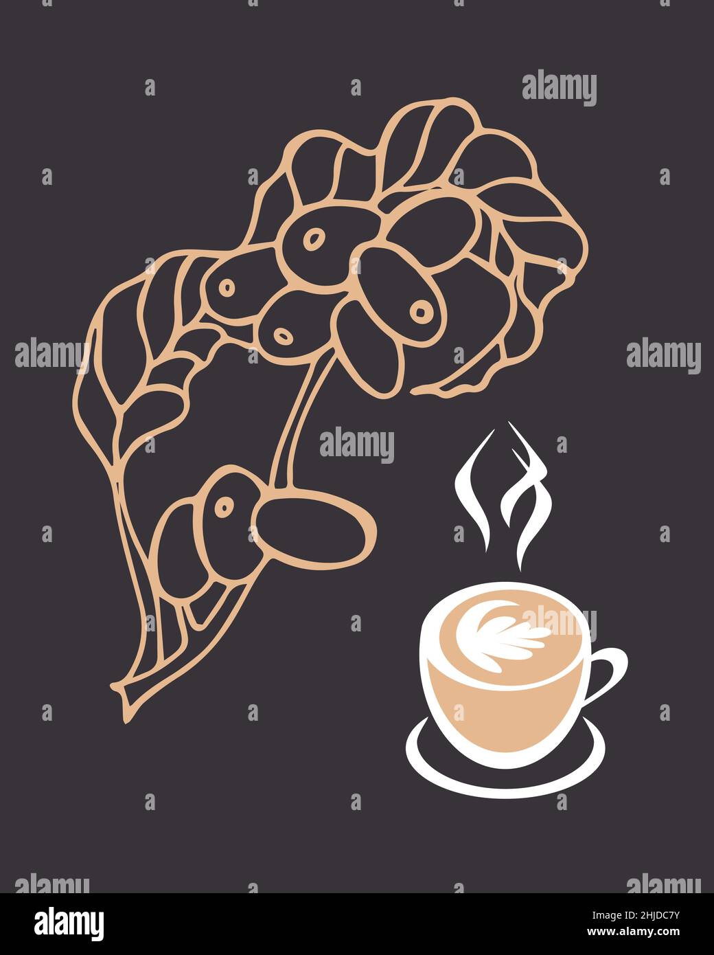 Handgezeichnete Vektordarstellung eines Kaffeestastes mit Bohnen und einer Tasse oder einem Cuppuccino. Anzug für Plakat-, Cover- und Kartendesign, Marketingmaterial, Druck Stock Vektor