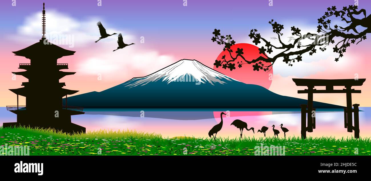 Silhouette Fuji Berg bei Sonnenuntergang. Fuji vor dem Hintergrund einer Pagode, roter Sonne und Kranichvögeln. Stock Vektor