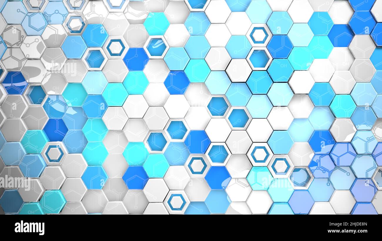 Strukturhintergrund aus blauen, zyanblauen und weißen reflektierenden Sechsecken in zufälliger Position, die eine chemische Formel widerspiegeln. 3D Abbildung Stockfoto