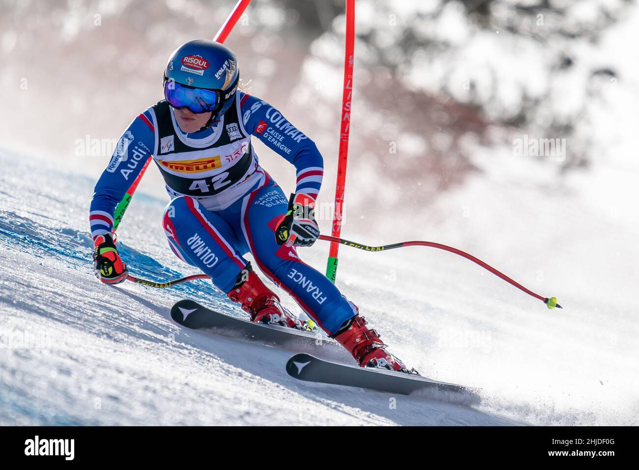 Cortina d'Ampezzo, Italien. 22. Januar 2022. CERUTTI Camille (FRA) Ski World Cup Women's Downhill auf der Olympia delle Tofane. Stockfoto