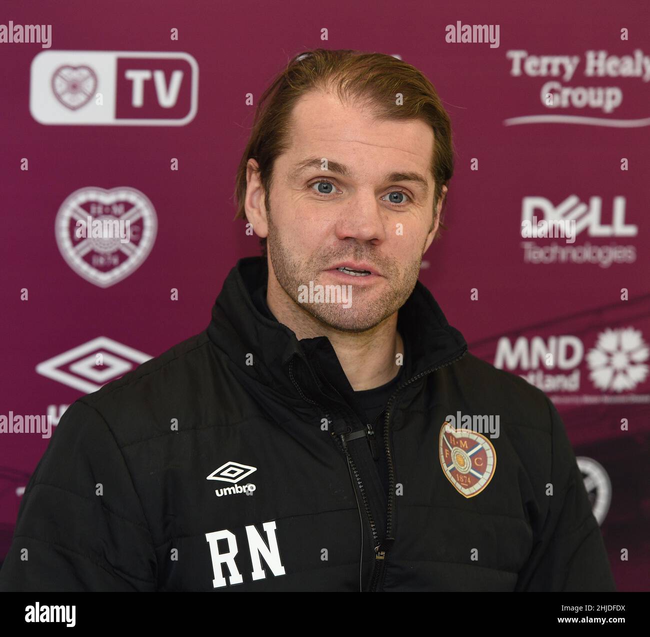 Oriam Sports Performance Centre, Riccarton, Edinburgh, Schottland. Großbritannien, 28th. Januar 22. Hearts Manager Robbie Neilson Pressekonferenz Kredit: eric mcowat/Alamy Live News Stockfoto