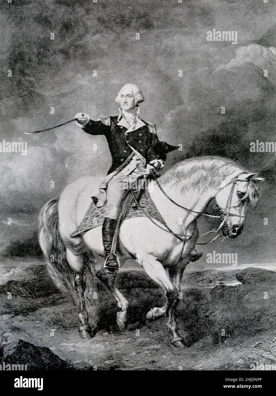 General George Washington wurde am 15. Juni 1775 zum Oberbefehlshaber der kontinentalen Armee ernannt. Als amerikanischer Soldat, Staatsmann und Gründungsvater diente er von 1789 bis 1797 als erster Präsident der Vereinigten Staaten. Stockfoto