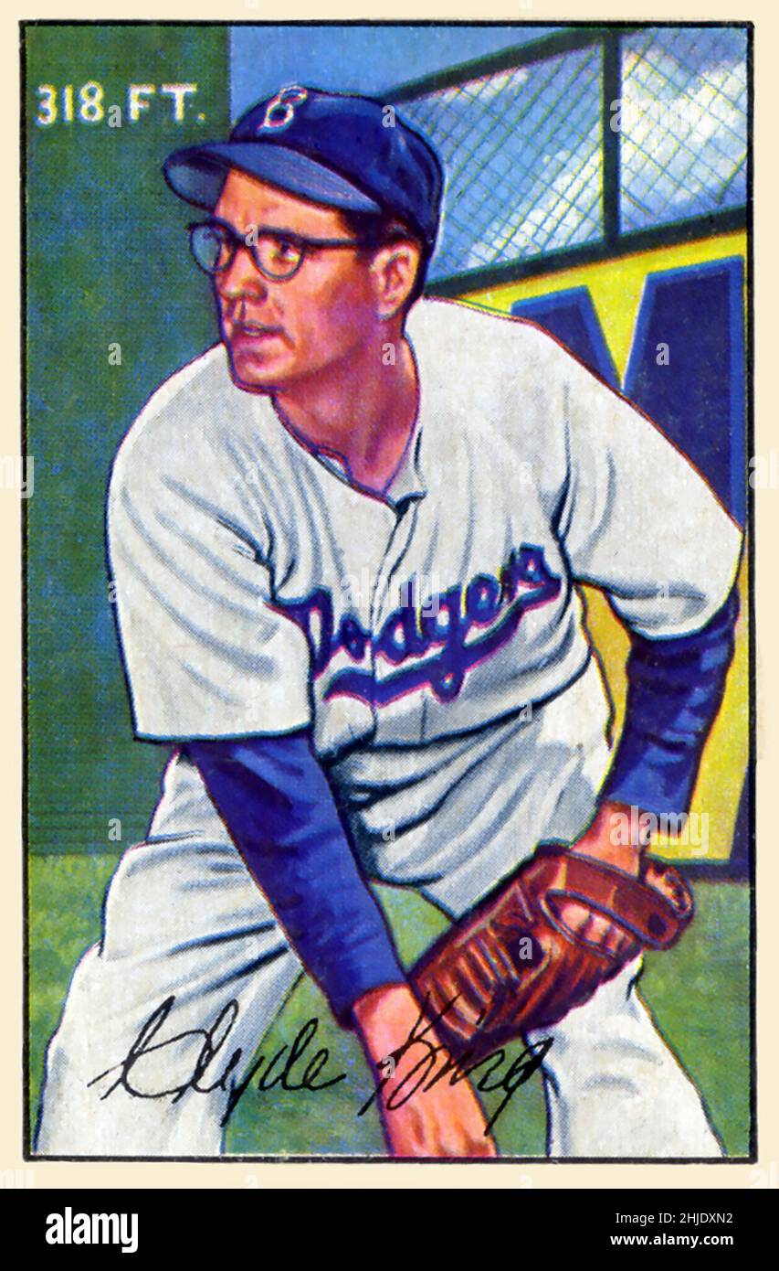 1952 Bowman Baseballkarte mit Clyde King of the Brooklyn Dodgers Stockfoto