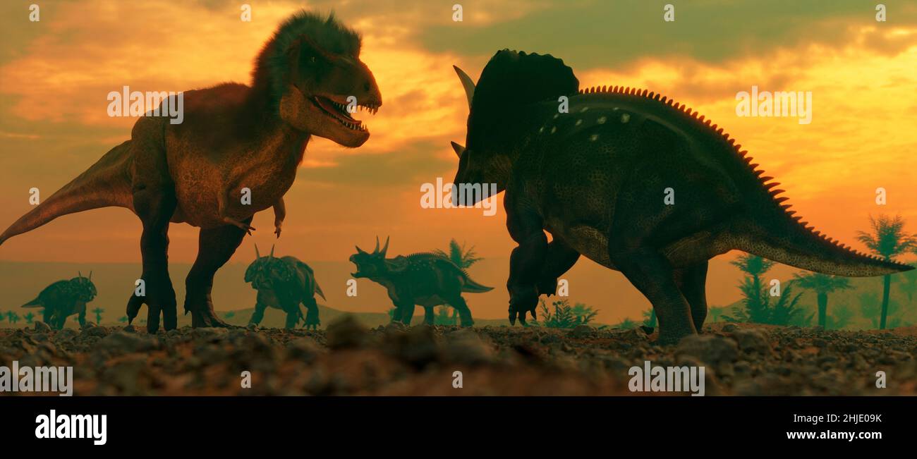 Kunstwerk von T Rex vs Triceratops Stockfoto