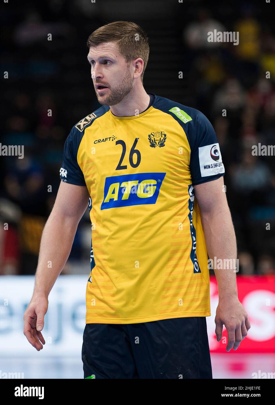 Budapest, Ungarn, 28th. Januar 2022. Linus Persson aus Schweden beim EHF EURO 2022 der Herren, Halbfinale zwischen Frankreich und Schweden in Budapest, Ungarn. 28. Januar 2022. Kredit: Nikola Krstic/Alamy Stockfoto