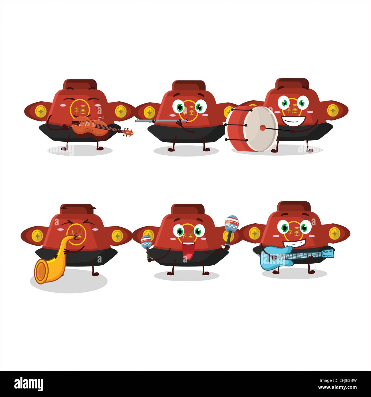 Cartoon-Charakter von roten chinesischen Hut spielen einige Musikinstrumente. Vektorgrafik Stock Vektor