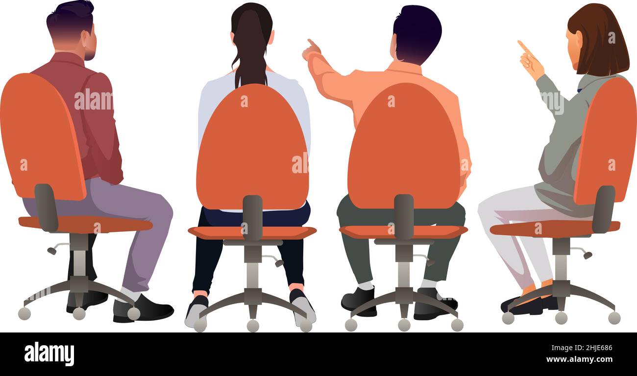 Eine Gruppe von Geschäftsleuten Männer und Frauen sitzen auf Stühlen Figuren sitzen in einem Vortragsseminar im Büro an der Sitzung Vektor Illustration ch Stock Vektor