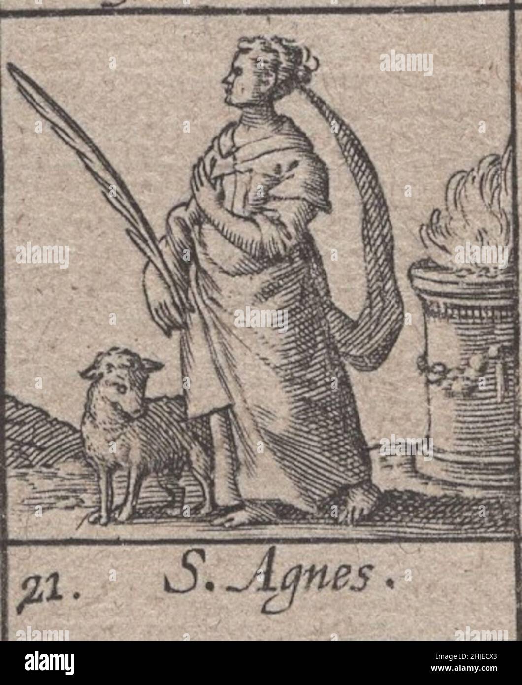 Inkunable, 15th Jahrhundert, Mittelalter, Heilige, heilige, Religiös, andachtsam, sakral, Holzschnitt, graviert, Gravur, januar, Monat, Kalender, katholisch, Selten, Renaissance, illustriert, detailreich, Beschützer, Protektoren, gedruckt, drucken, latein, Geschichte, Historisch, original, beten, römisch-katholisch, östlich, orthodoxe, Kirche, Repressantionen, Papst, Priester, Mönche, Könige, Einsiedler, Einsiedler, Leidenschaft, Weltlich, Symbol, spirituell, Heiligkeit, Kunst, Handarbeit, Kunst, Kunsthandwerk, Inkunabeln, Agnes von Rom Stockfoto