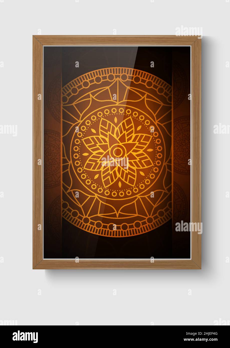 Brauner Holzlackrahmen mit Mandala Foto Bild. Abstraktes Fotoobjekt innen dekorativ mit Schatten auf weißem Wandhintergrund. Realistischer vertikaler IS Stock Vektor