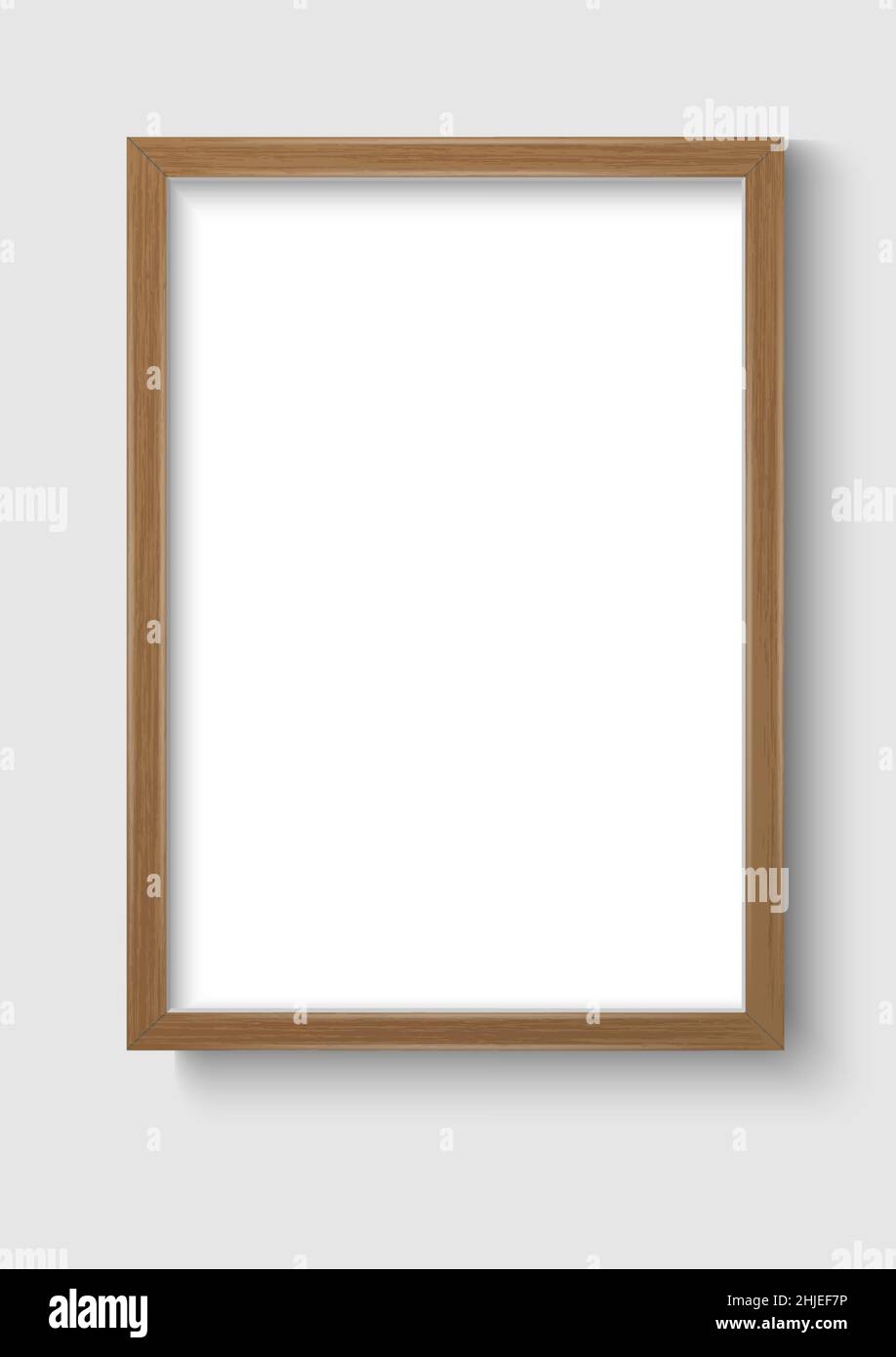 Brauner Holzlack leerer Bilderrahmen. Abstraktes Fotomotiv mit Schatten auf Transparenzhintergrund. Realistische vertikale isolierte Vorlage. Stock Vektor