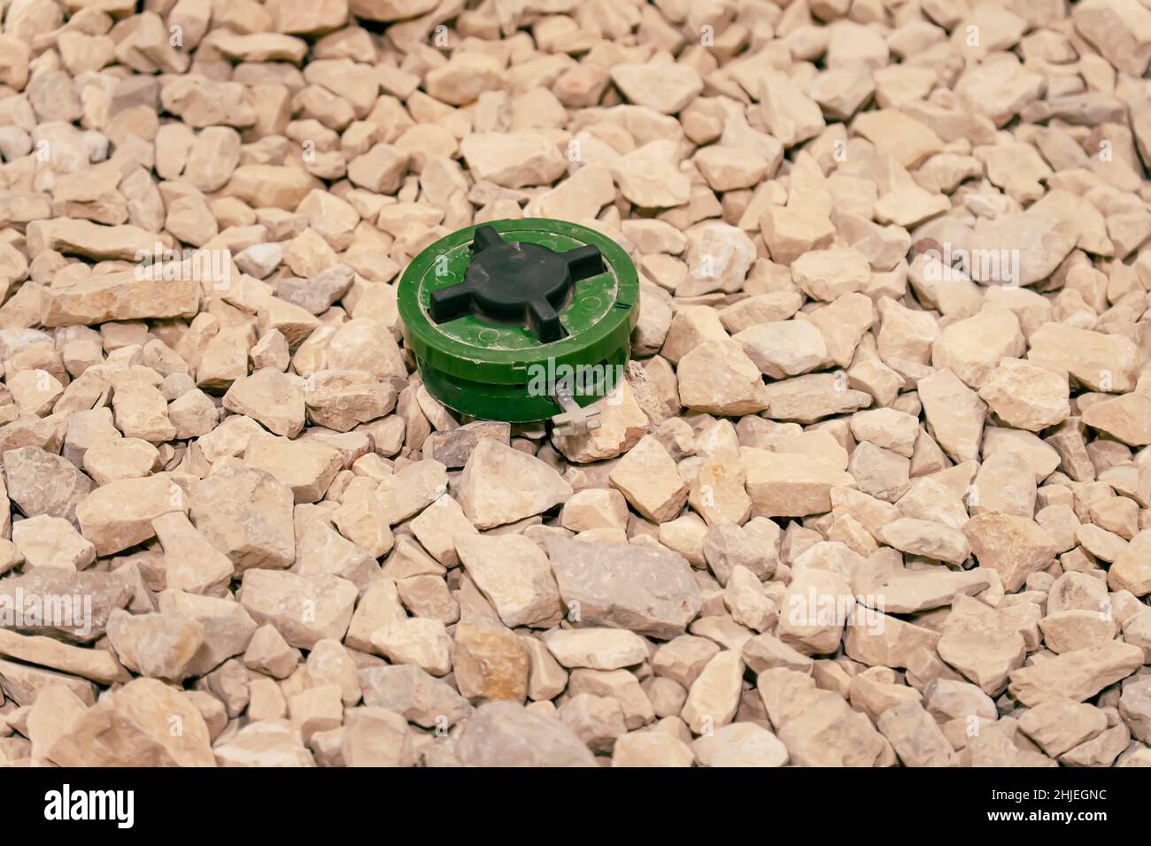 Eine grüne Antipersonenmine auf den Felsen. Minenräumung Stockfoto