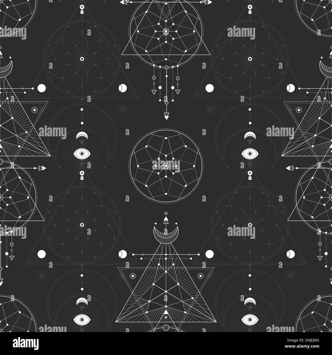 Nahtloses Muster mit heiligen geometrischen Symbolen. Hintergrund mit magischen Zeichen. Stock Vektor