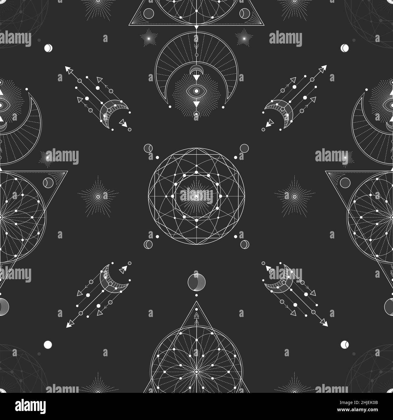 Nahtloses Muster mit heiligen geometrischen Symbolen. Hintergrund mit magischen Zeichen. Stock Vektor