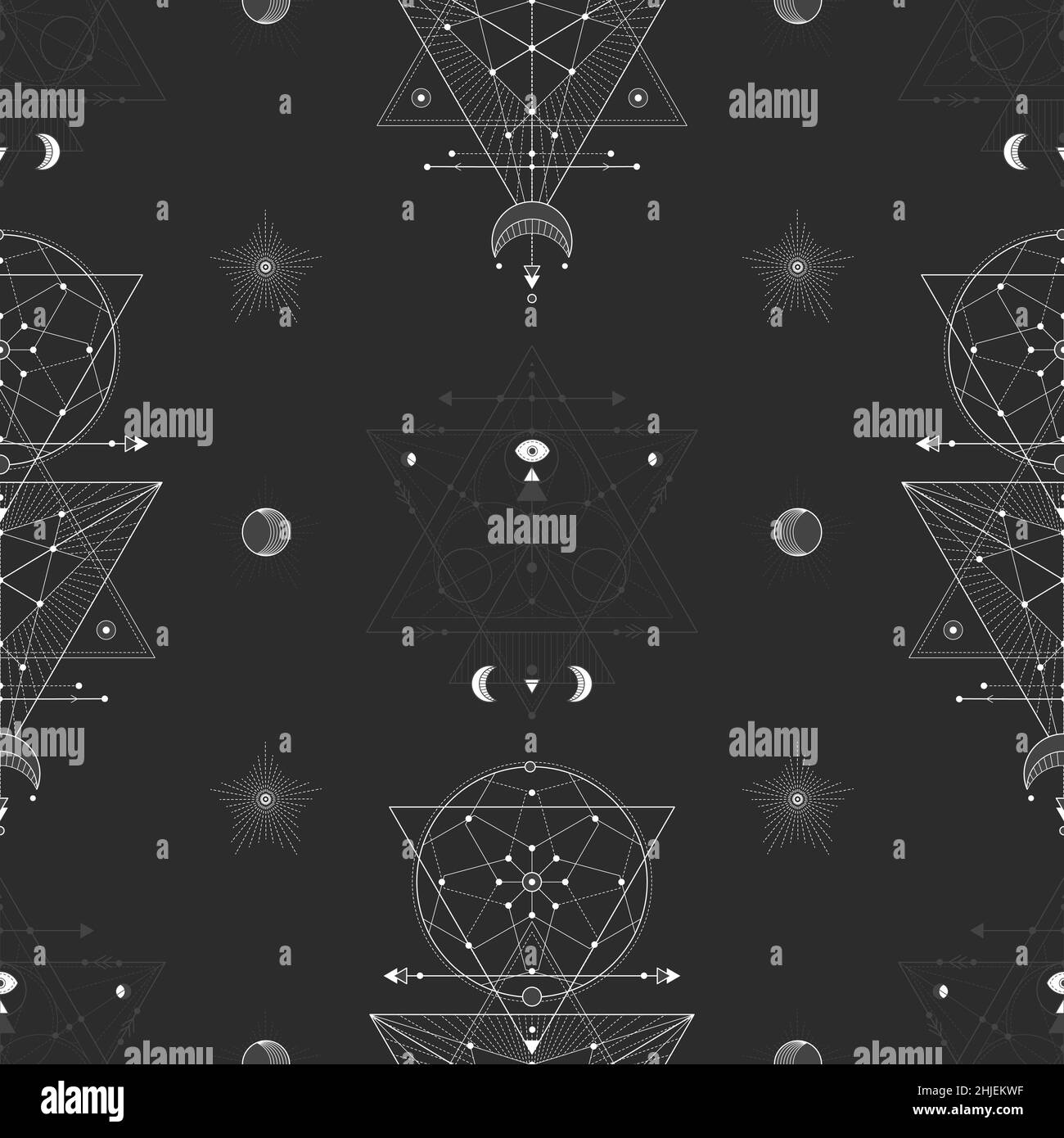 Nahtloses Muster mit heiligen geometrischen Symbolen. Hintergrund mit magischen Zeichen. Stock Vektor