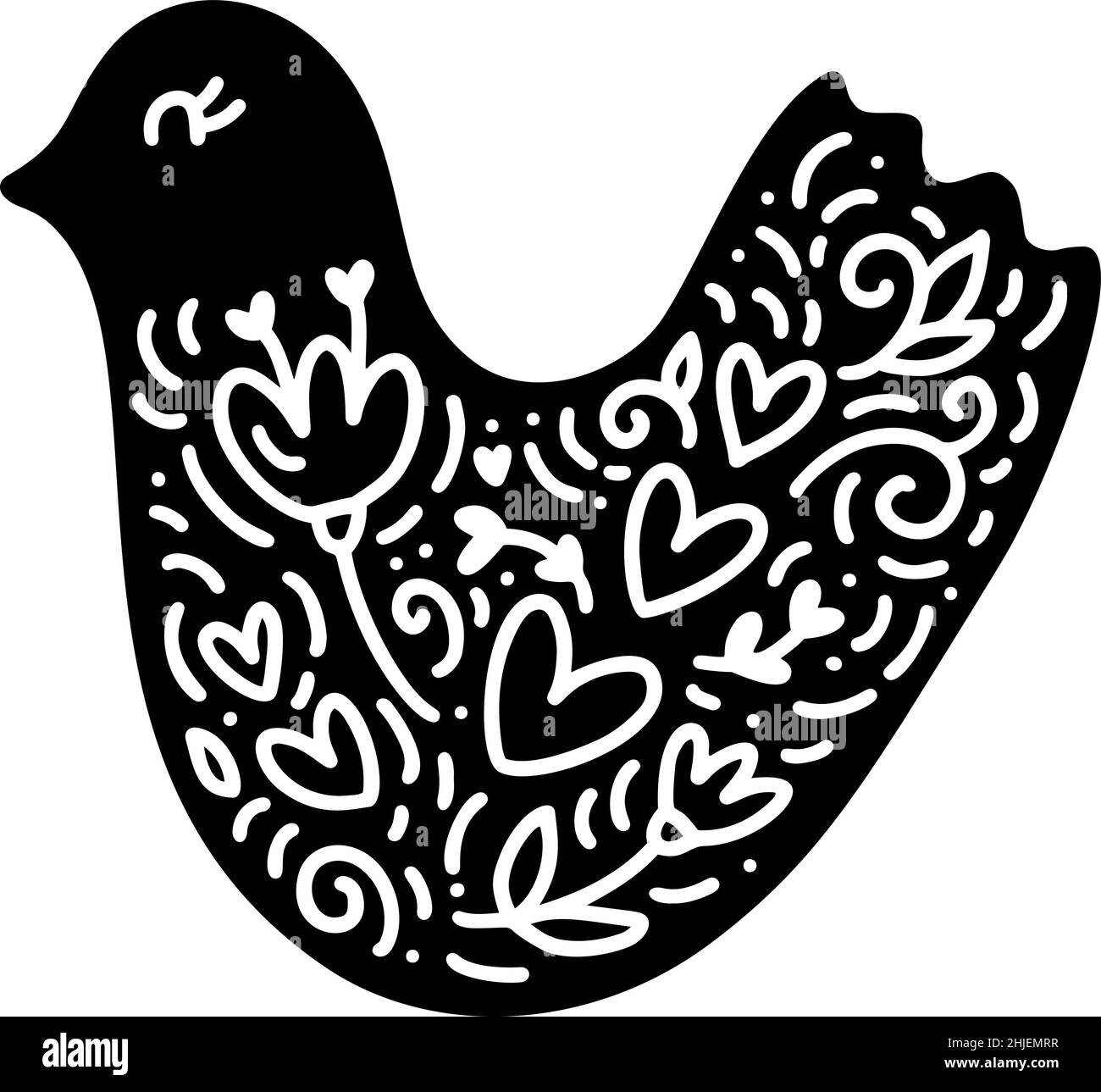 Scandinavian niedlichen handgezeichneten Vogel mit Blumen und Herzen in Hygge-Stil. Flourish Vektor-Element für valentinstag, romantische Liebe Grußkarte Stock Vektor