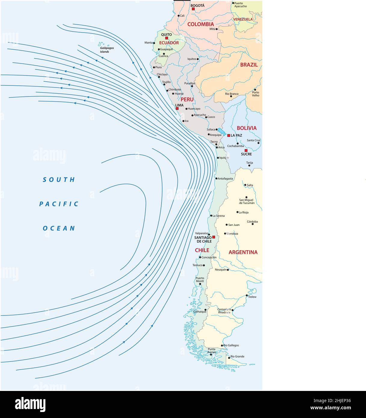 Karte des Humboldt- oder Peru-Stroms an der Westküste Südamerikas Stock Vektor