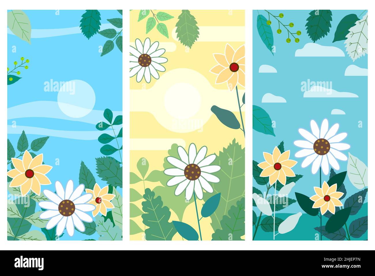 Set von Blumen Frühling Blätter und Blumen vertikale Hintergründe Social-Media-Geschichten Vorlagen, Farbe lebendige Banner, Poster, Cover-Design, Tapeten Stock Vektor